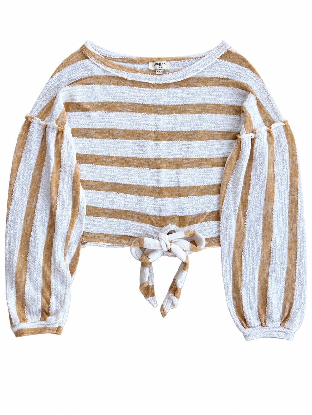 Umgee Striped Textured Tie Front Balloon Sleeve Crop Top Small